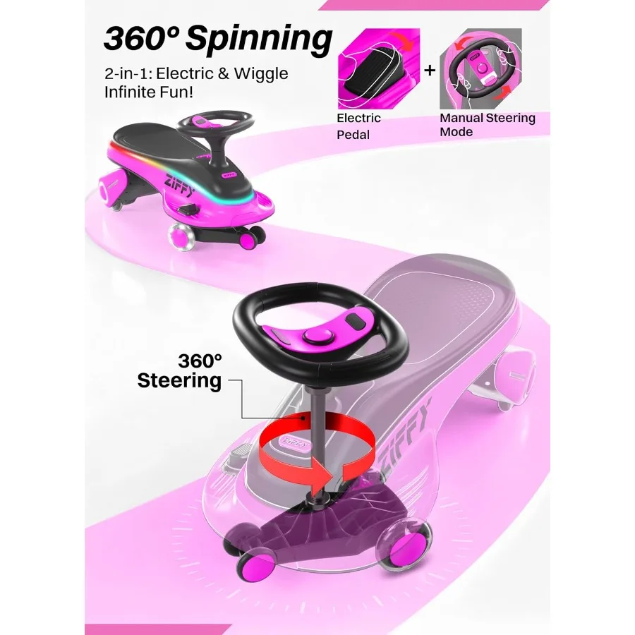 45W 5.5A Electric Wiggle Car with Pedal, Light-Up, Rechargeable Battery, 2-in-1 Swing Car, 2 Speed Ride-On Toy, Anti-Rollover, F