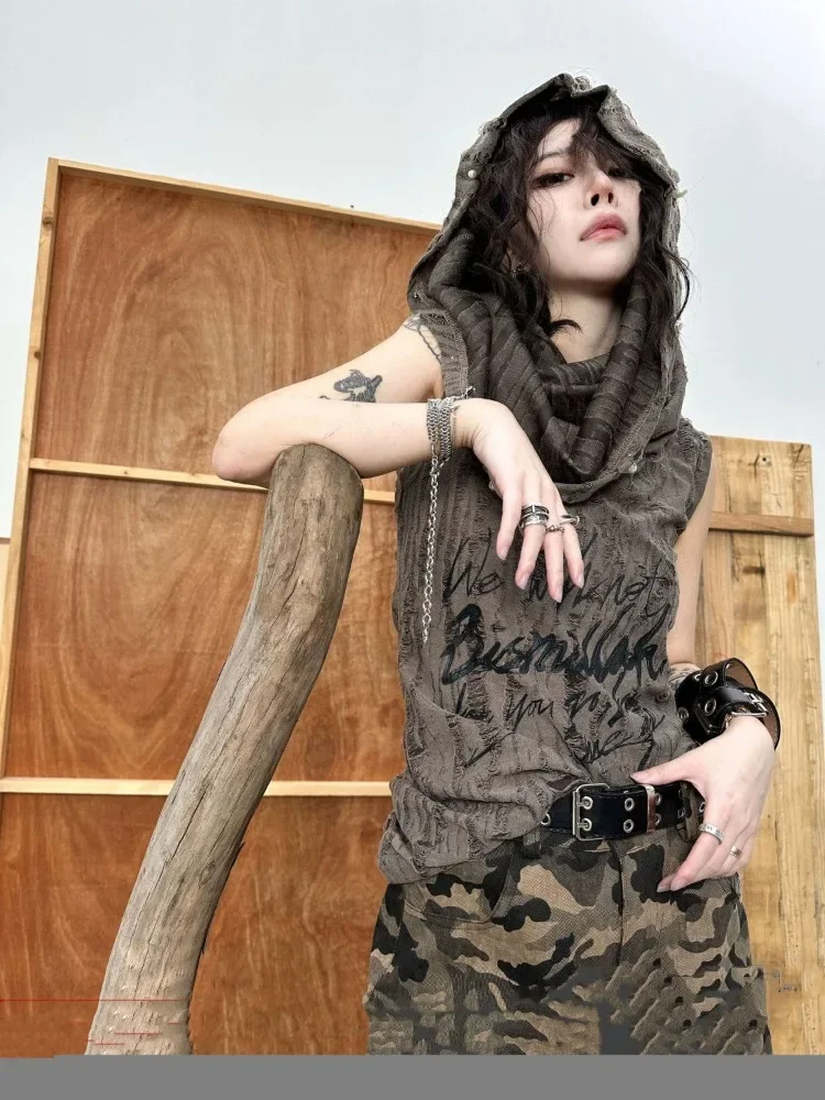 

Pearl Button Print Hoodie Tees Shirt Y2K Grunge Slim Fit Sleeveless Tops Vest Tanks Streetwear Hole Hollow Out T Shirts Women