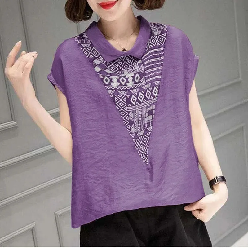 

Ladies New Doll Collar Short-Sleeved Cotton And Linen Shirt Summer Loose Slim Stitching Shirt Printed T-Shirt Loose Joker Top
