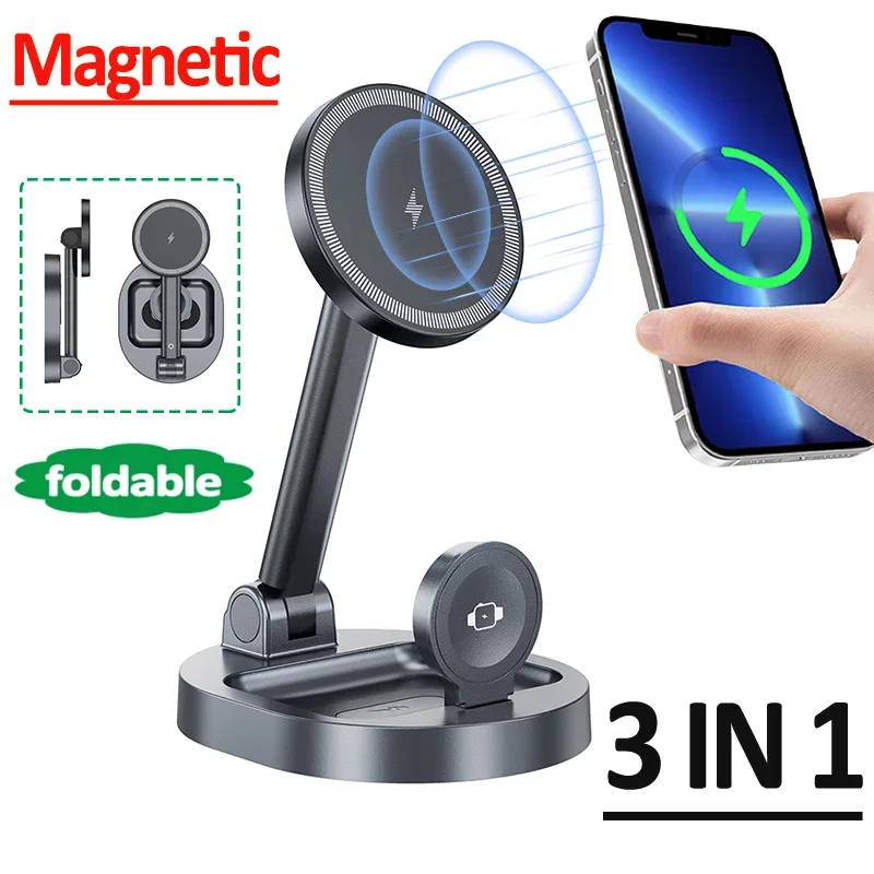 Foldable 3 In 1 Magnetic Wireless Charger Stand Pad For iPhone 15 14 13 12 Pro Max Apple Watch 8 7 Airpods Fast Charging Station