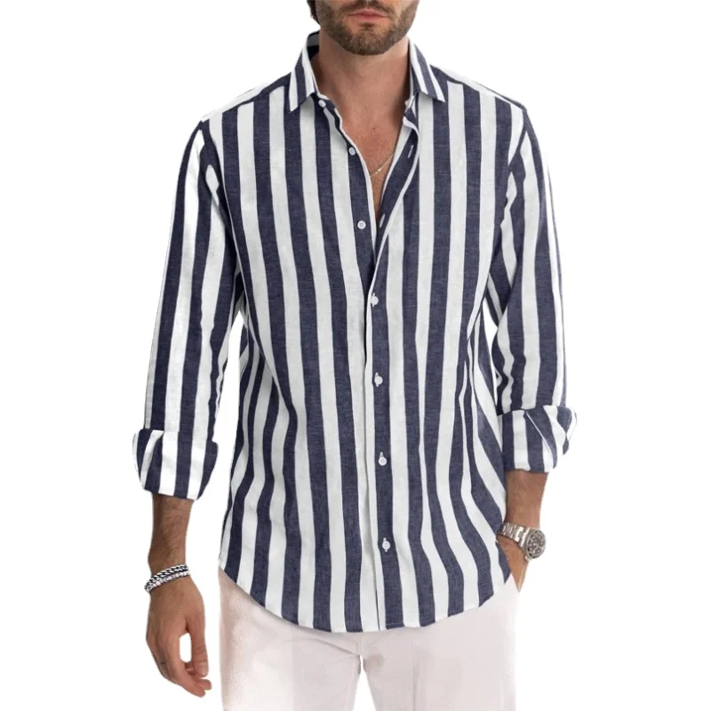 

2023 New Spring and Autumn Men's Casual Fashion Stripe Shirt Slim Fit Button Long Sleeve Shirt Business Large Men's Shirt