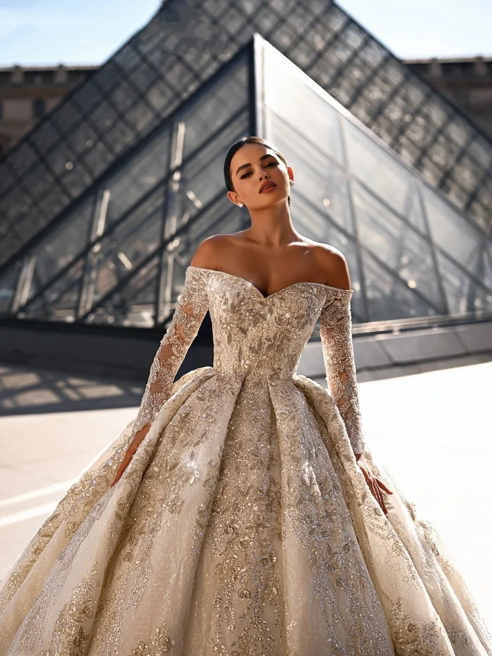 فساتين زفاف ترتر عتيقة بدون أكتاف فستاين سهرة/فساتين الحفلات وأكمام طويلة الأميرة سويب تراين مخصصة فيستدوس دي نوفيا #3