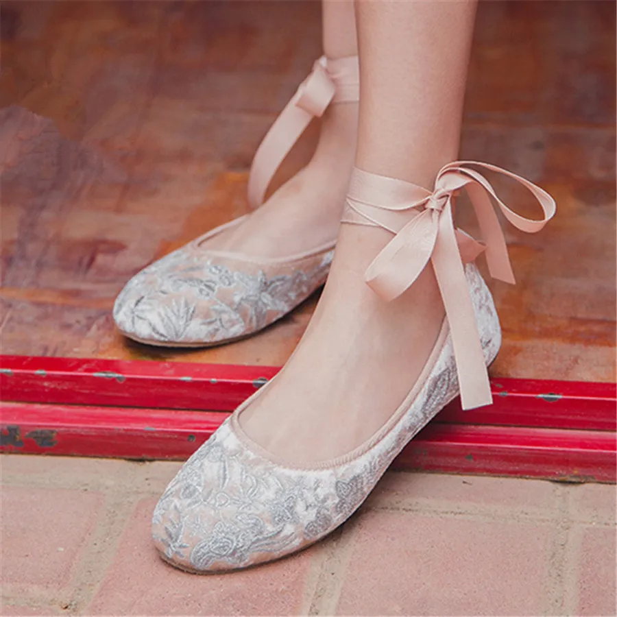 

Embroidered Ballerina Flats Lace-up Women Dance Shoes Outside Casual Loafers Ladies Espadrilles Flat Walking Zapatos Mujer