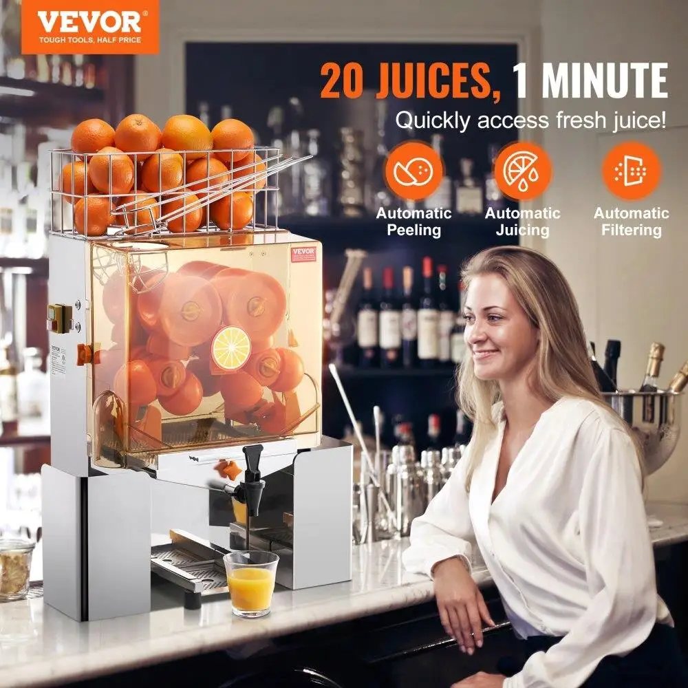 Commercial Orange Juicer 120W Automatic Juice Extractor with Water Tap Stainless Steel Squeezer 20 Oranges per Minute Pull Out