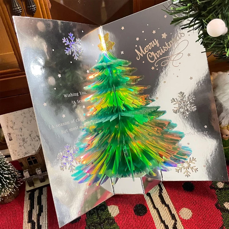 Christmas Tree 3D Pop-Up Cards Glitter Xmas Tree Pop Up Greeting Card Envelope for Gift 2024 Navidad New Year Party Supplies