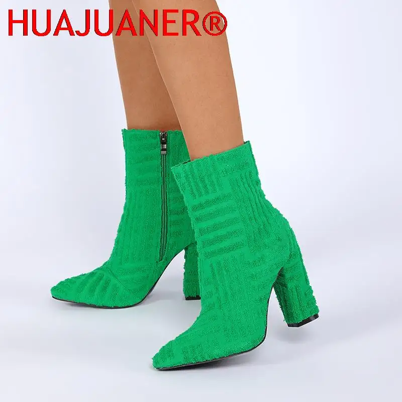 2025 Winter Fashion Women Ankle Boots 10cm High Heels Block Heels Zipper Short Boots Stripper Booties Green Luxury Design Shoes