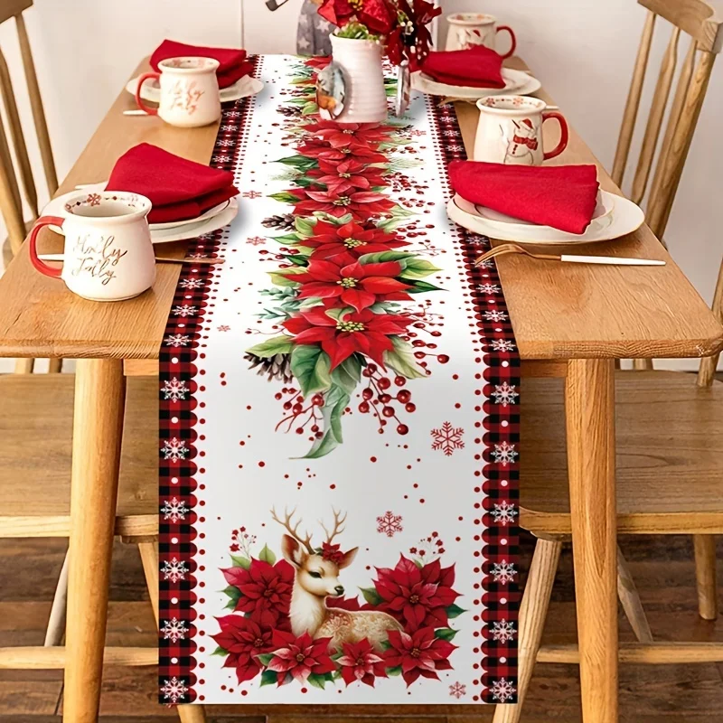 Christmas Poinsettia Flower Elk Linen Table Runner for Table Decor Winter Xmas Snowflake Table Runner Christmas Home Decorations