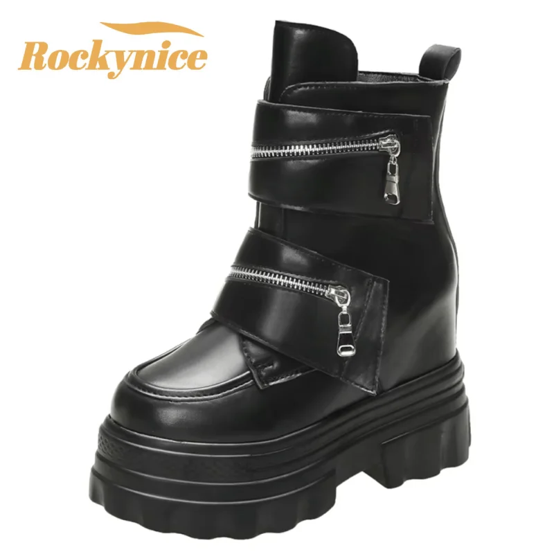 

Women's Leather Punk Ankle Boots New 2025 Autumn Winter High Platform 11CM Heels Chunky Motorcycle Boots for Women Booties Mujer