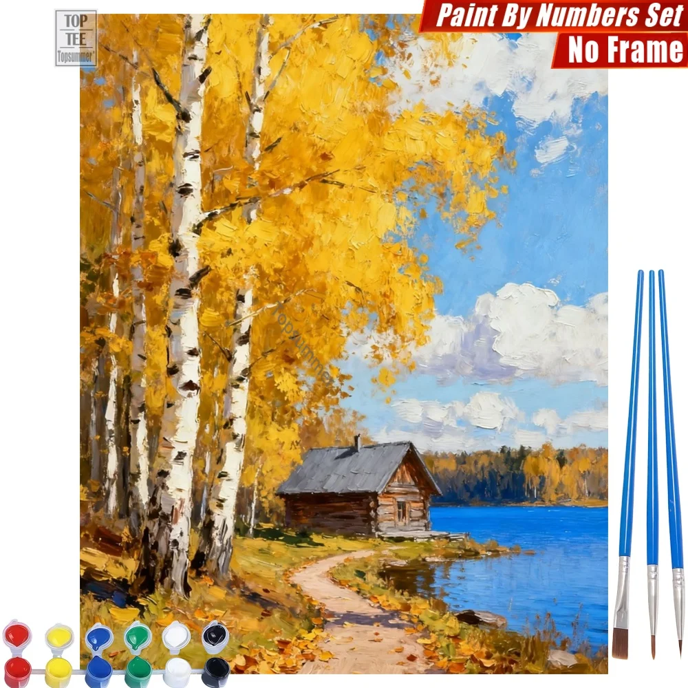 

Autumn Birch Lake - Paint By Number Kit - Yellow Leaves Cabin Home Decor Valentine's Day Gift For Girlfriend