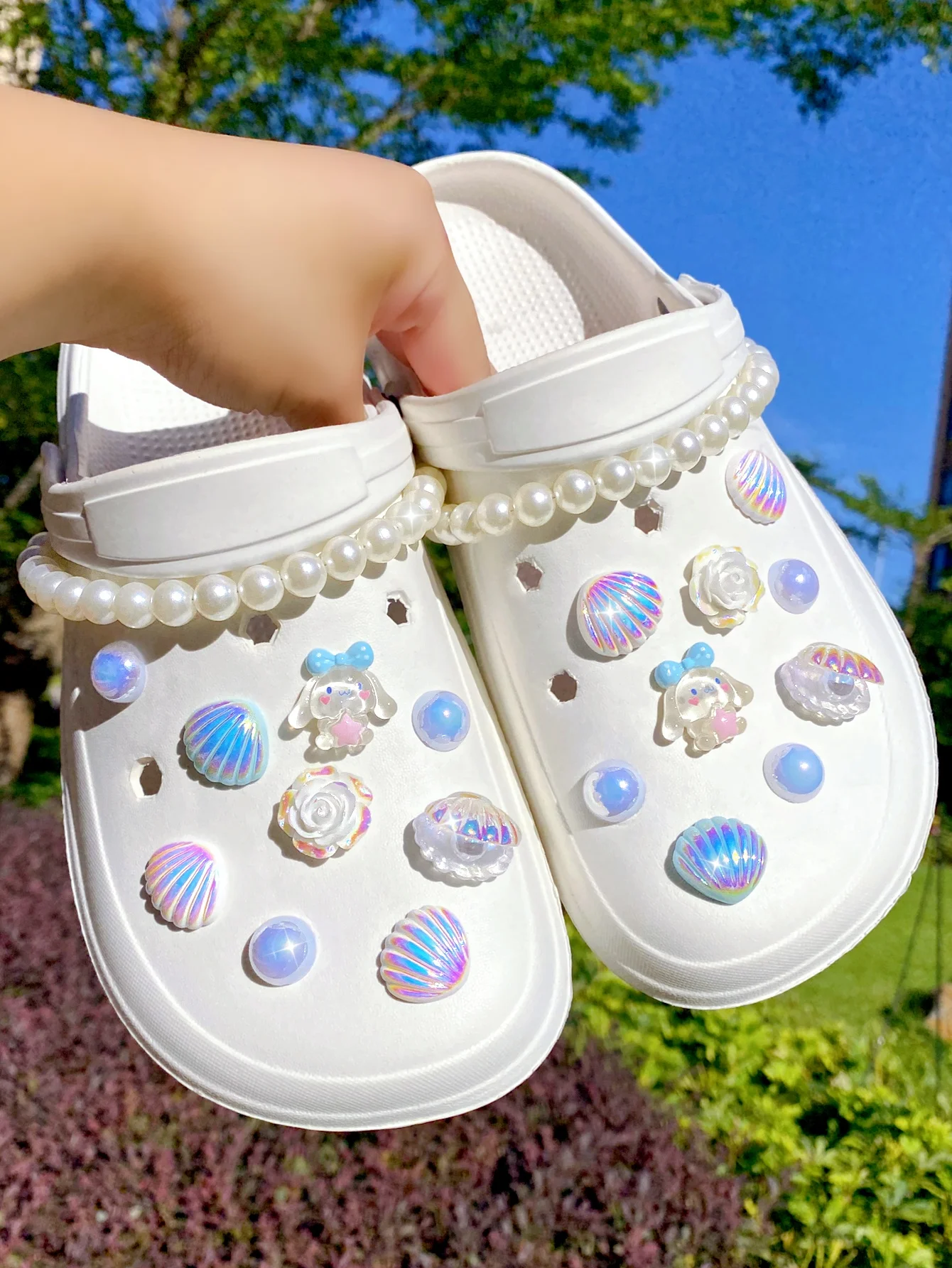 20 piezas de cadena de perlas ABS, perro de jade de dibujos animados, concha blanca, rosa, concha azul, hebilla de zapato de perla ANS, decoraciones DIY, sanda para mujer