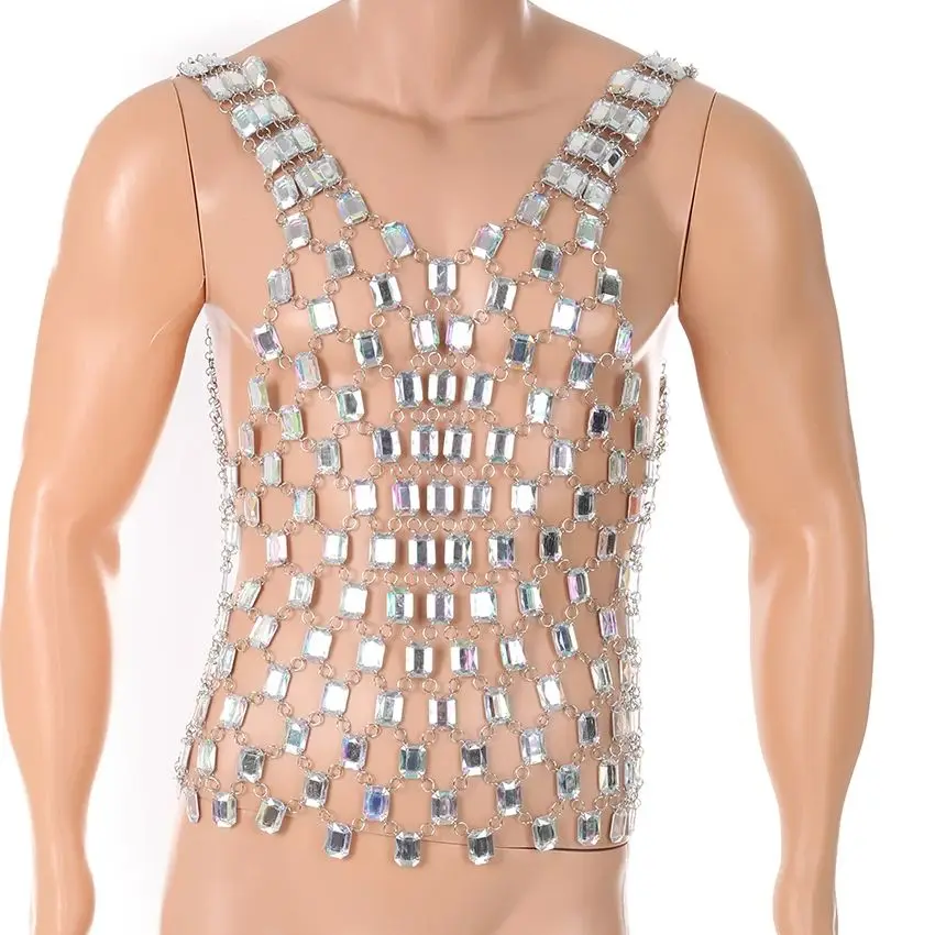 

Sexy Men's Night Outfit Bling Sleeveless Simulated Crystal Diamond Tank Top Slivery Chain Vest Clubwear Man Performance Costumes