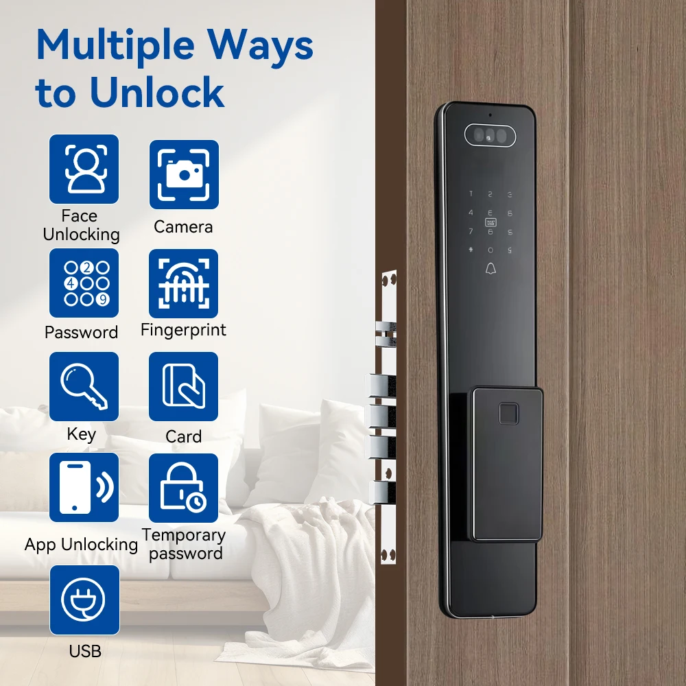 Tuya Wifi Smart Lock For Wood Door Video 3D Face & Fingerprint Recognition Automatic Gate Access Home Security Biometric Lock