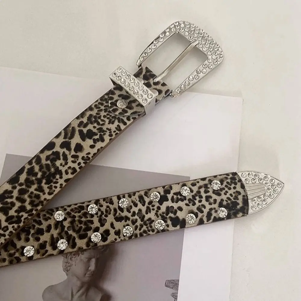 Personality PU Leather Rhinestone Belts Y2K Alloy Star Belt Silver Leopard Print Waistband Women