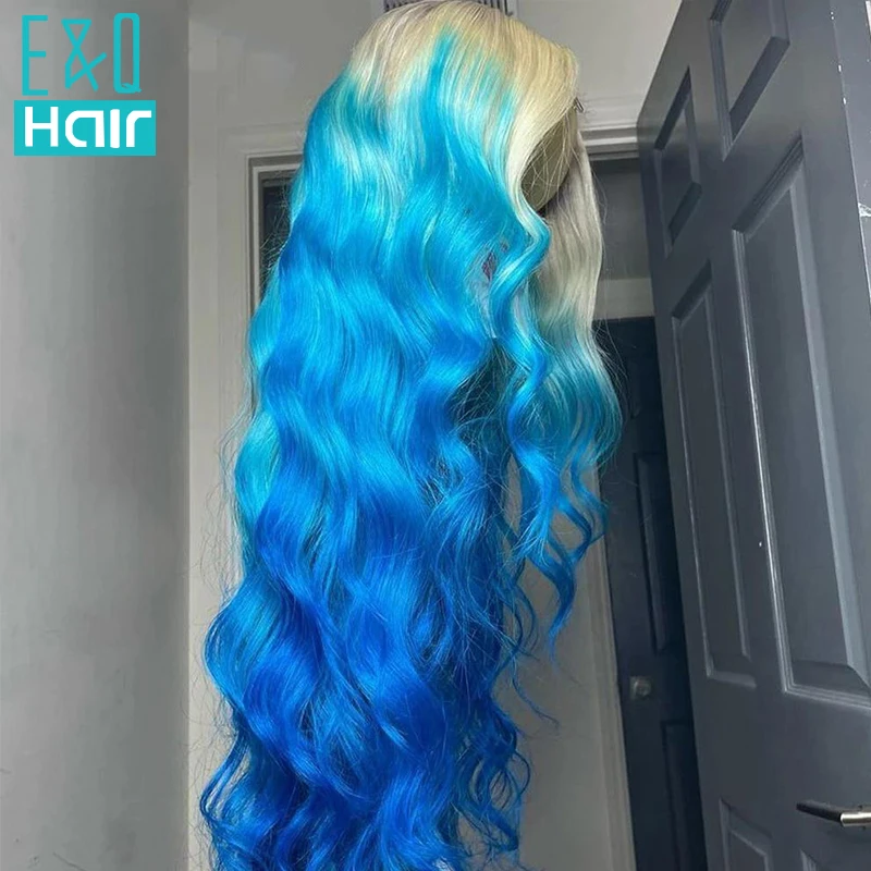 Body Wave Human Hair Ombre Platinum Blue Colored Frontal Wig 13X4 Transparent Lace Front Wigs Brazilian Remy On Sale For Woman