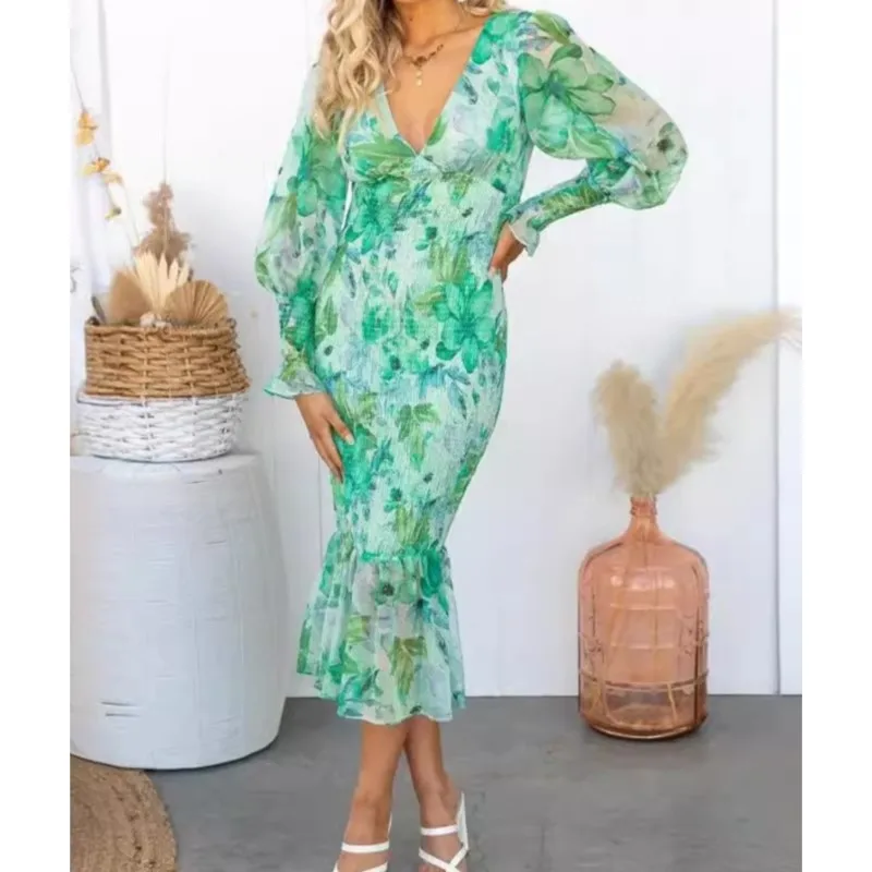

Spring Autumn Woman's Fashion Print Midi Dress Elegance V-neck Long Sleeves Dresses Sexy Backless Elastic Waist Ladies Vestidos