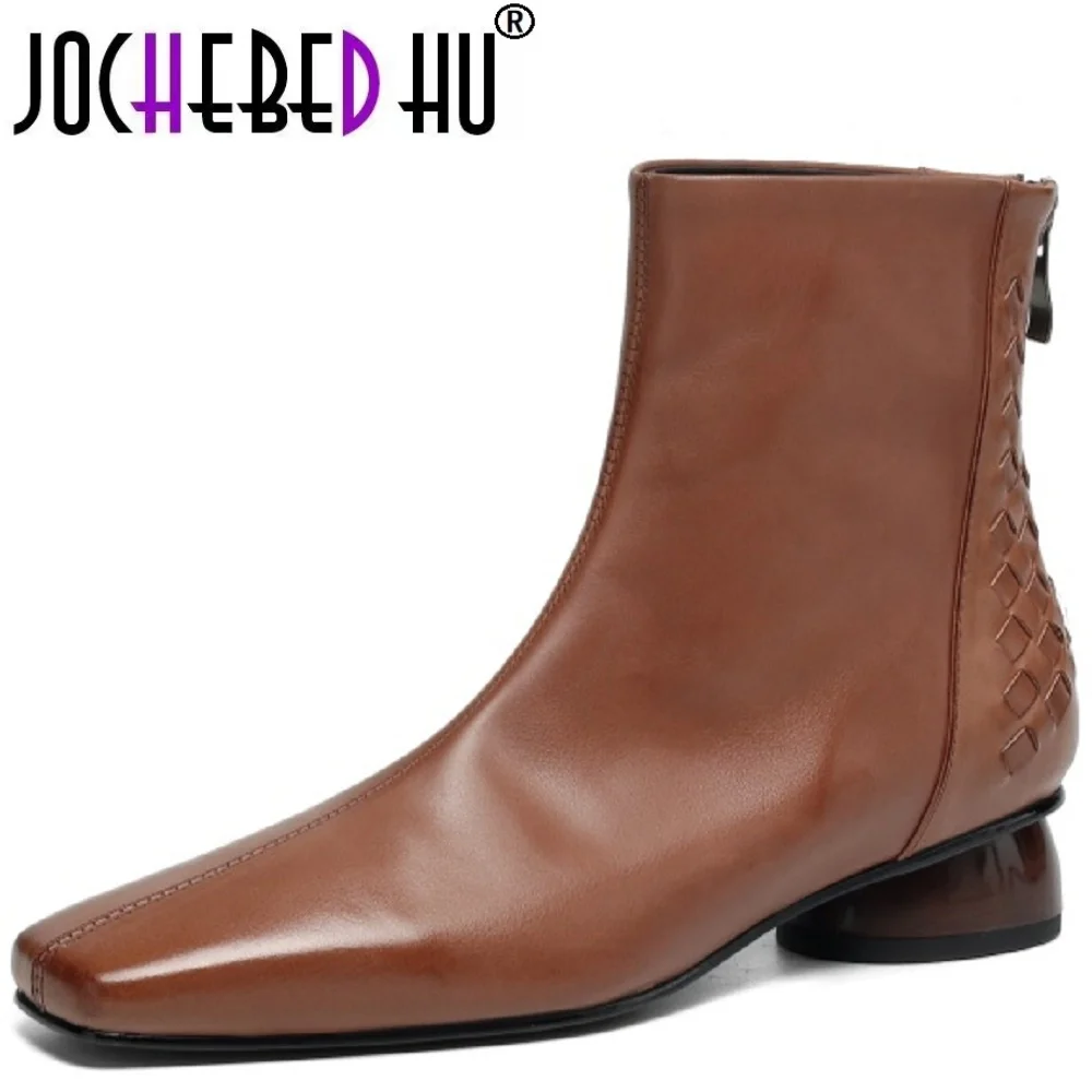 

【JOCHEBED HU】Women Handmade Genuine Leather square toe side zip ankle boot elegant ladies Mid heel daily slim dress 34-40