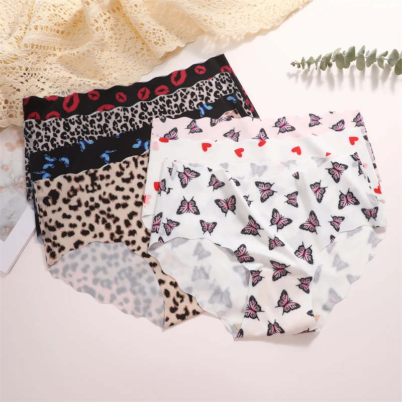 FINETOO 3Pcs Seamless Print Underwear for Women Sexy Leopard Butterfly Briefs Female Ice Silk Panties Comfortable Lingerie S-XXL