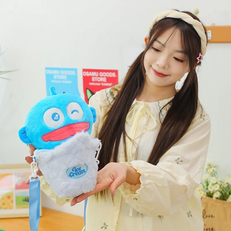 Ungefähr 25 cm Sanrio Hangyadon Blue Sweet Tube Bouquet Verstellbarer Riemen Weicher Plüschrucksack Shopping Geldbörse Paar Weihnachtsgeschenk