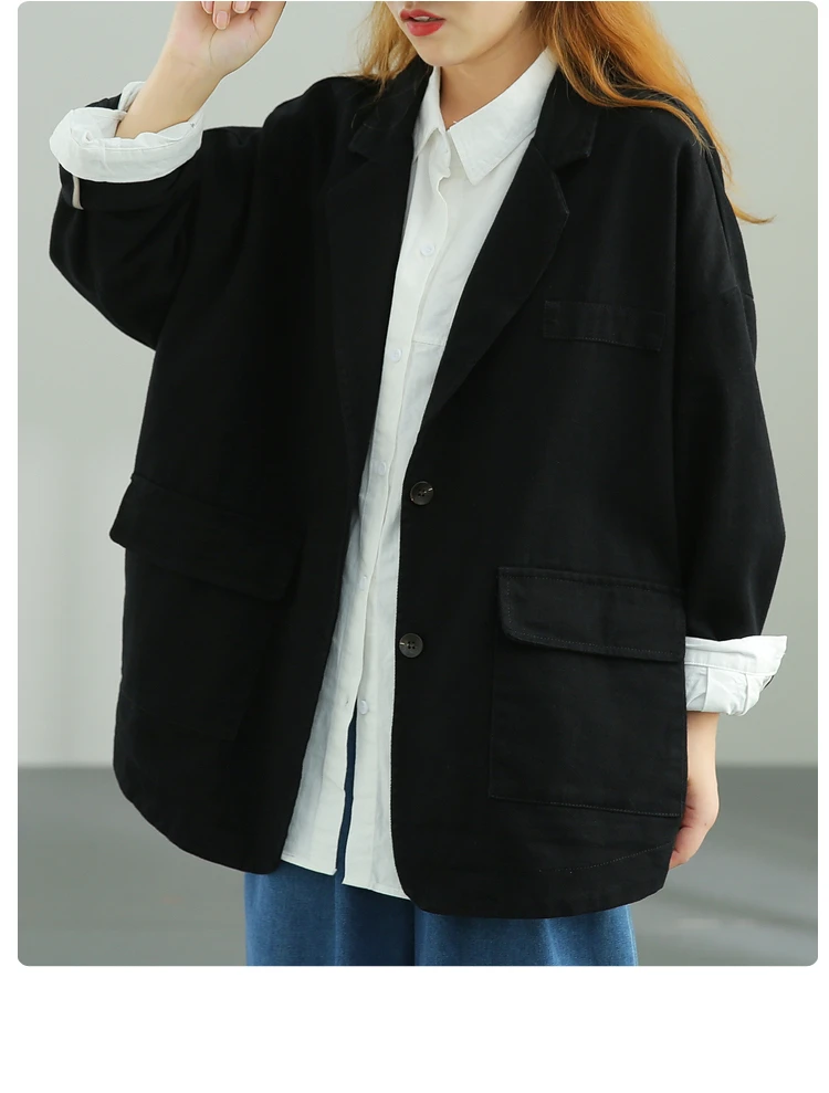 

Loose Casual Sle ort Women's Suit Jaet Cotton Material Pure Color Commute Sle Button Closure Long Sve Regular Length