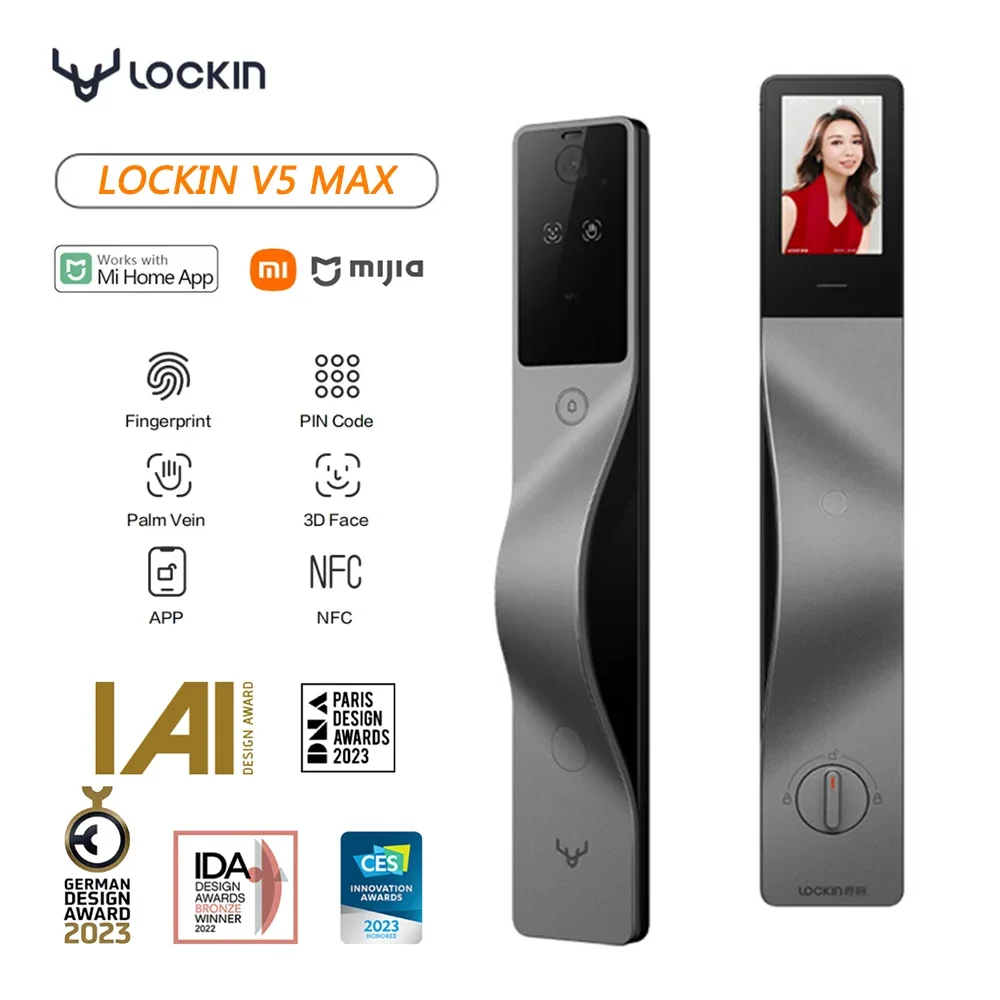 Lockin V5 Max 3D Face Recognition Smart lock Palmar Vein Cat Eye Screen Smart Password Lock APP Smart Link for Left Door Opening