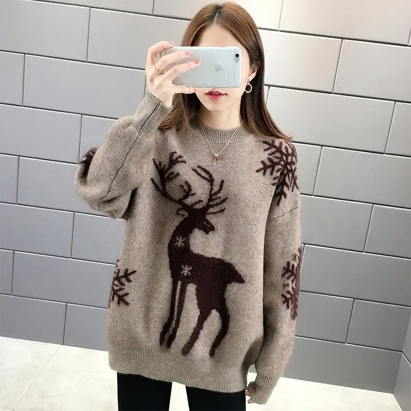 Women\'s Little Deer Christmas Sweater Thickened Loose Coat 2024 Autumn Winter New Fashion Tops Knitwear Shirts For Women Clothes