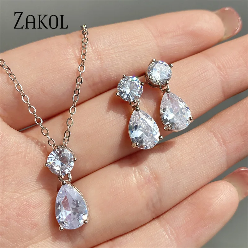 ZAKOL Delicate Water Drop Crystal Jewelry Set Fashion White Color for Women Anniversary SP272