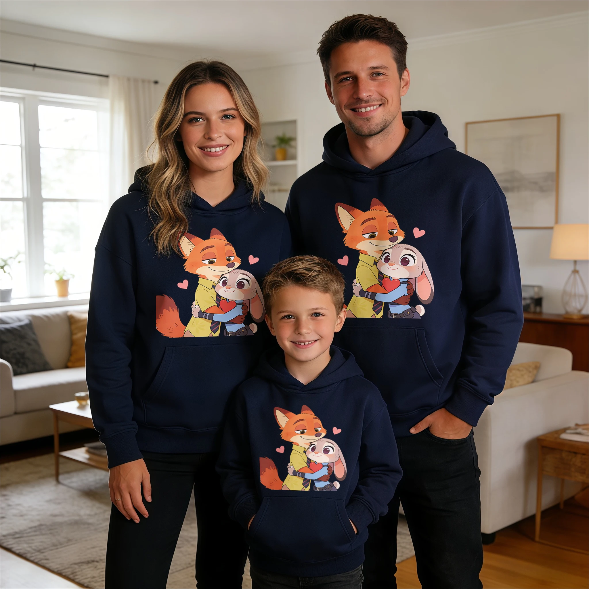 

2026 Autumn-Winter Trending Zootopia Nick & Judy Hug Print 100% Cotton Parent-Child Hoodies, High Quality & Loose Casual Fashion