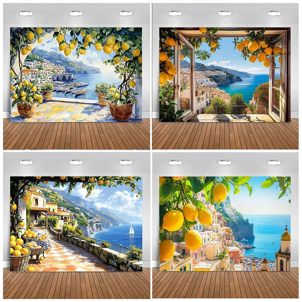 

Yellow Lemon Tree Background Window Landscape Seaside Town Photography Backdrop Supplies Party Decorations Photo Shoot Props