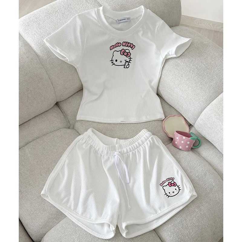 

Cute Sanrio Hello Kitty Shorts Set Y2K Summer Slim Short Sportswear Ladies' Tops Short Sleeve Shorts New Woman Homewear Sets