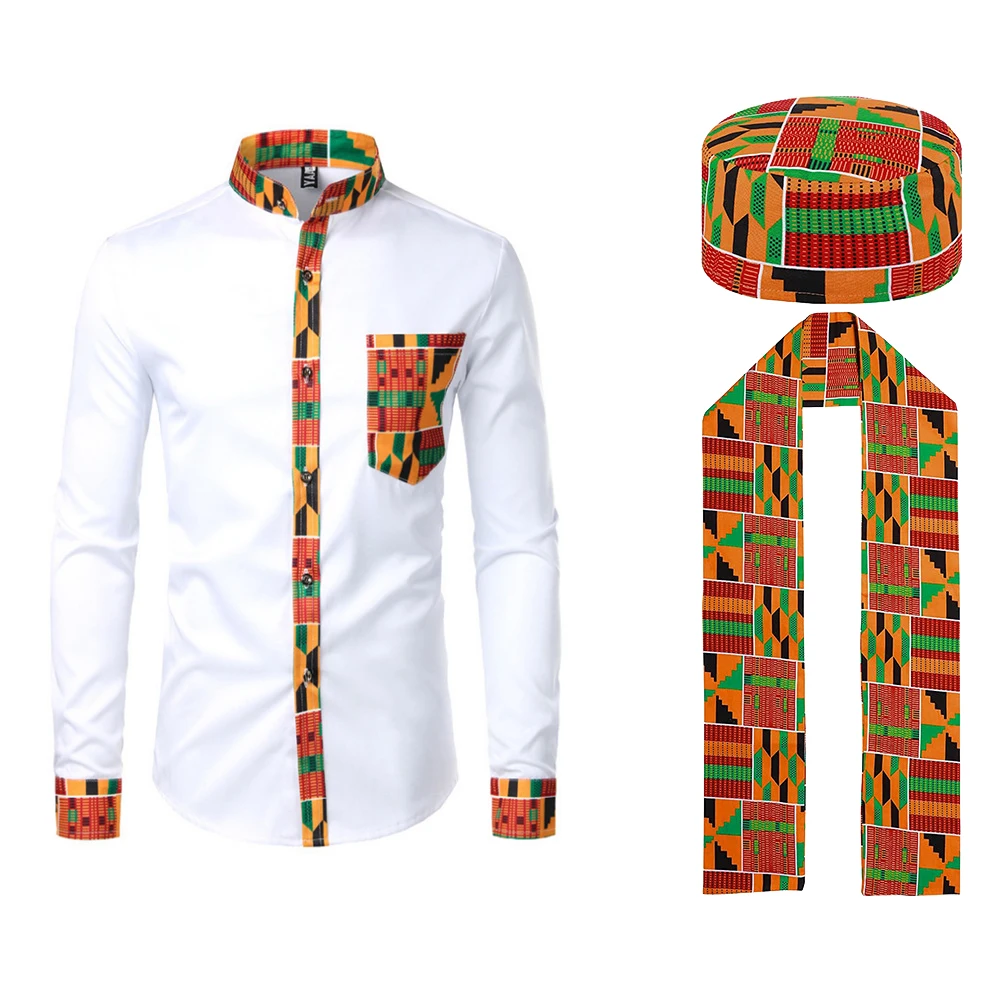 3 PCS African Kente Pattern Costume Set with Button Shirt Kufi Hat Scarf Stole Sash Outfit for Black History Month Party Suit ﻿