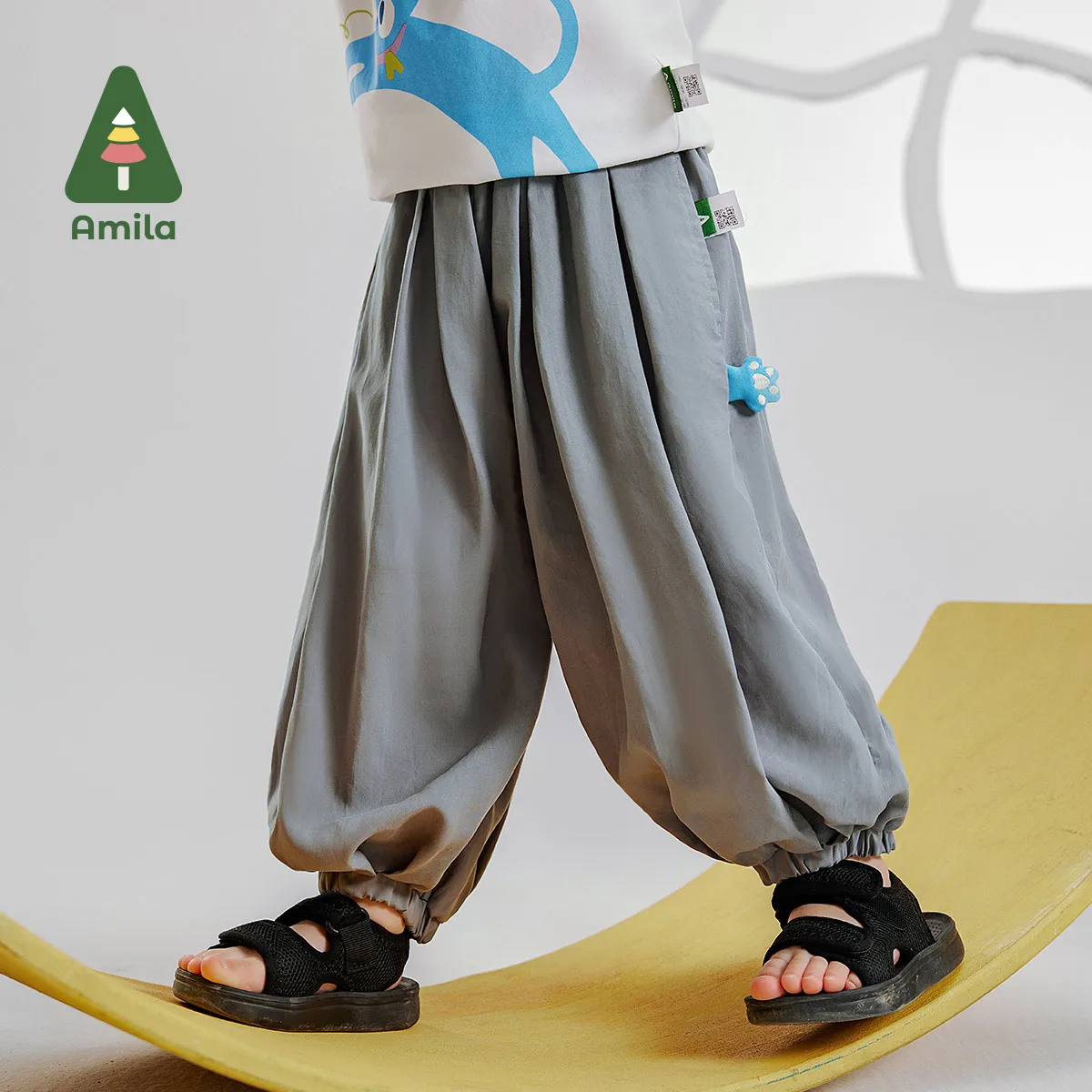 Amila 2024 Summer New Boys Bottom Loose Cinch Pants Cool Breathable Comfortable Solid Color Pants 0-6Y