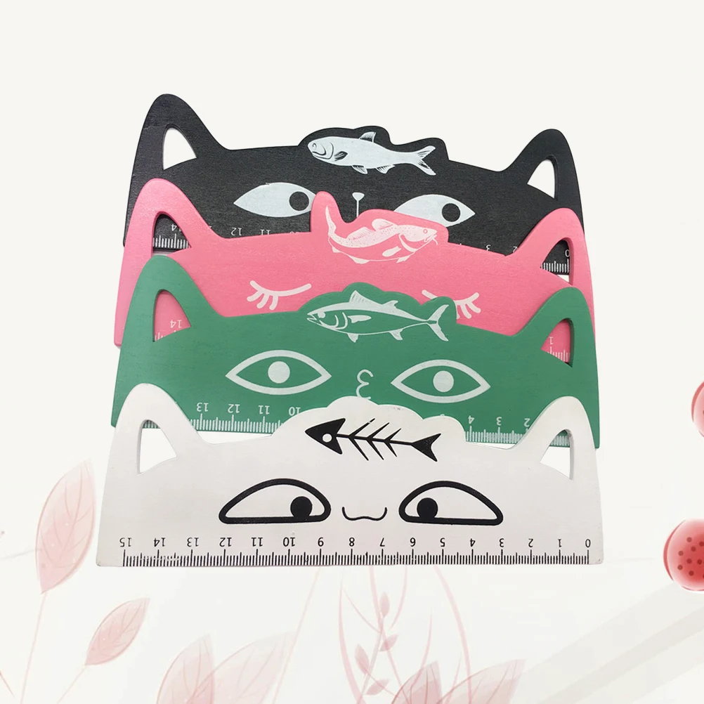 

4 pcs Wooden Rulers Cat Shape Kitten Measuring Tool Cartoon Ruler for Kids School Supplies Lightweight Accurate Scale