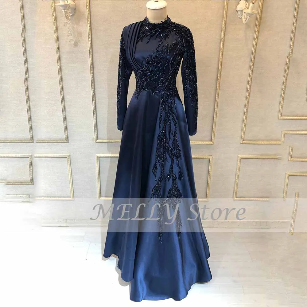 Modern Evening Dresses High Neck Full Sleeves Prom Dresses Satin With Beading A-Line Sweep Train فساتين مناسبة حسب الطلب