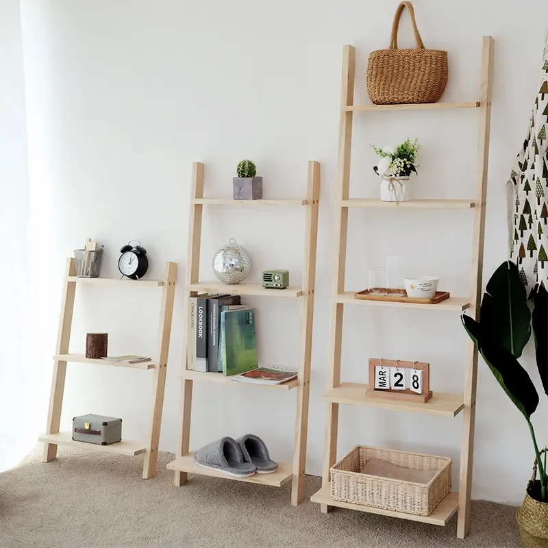 Solid Wood Multilayer Ladder Shaped Storage Rack Home Storage Organization Bookshelf Plant Placement Shelf Against the Wall