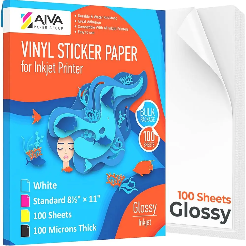 

Waterproof Decal Paper for Inkjet Printers - 100 Self-Adhesive Sheets - Glossy White - Letter Size 8.5x11