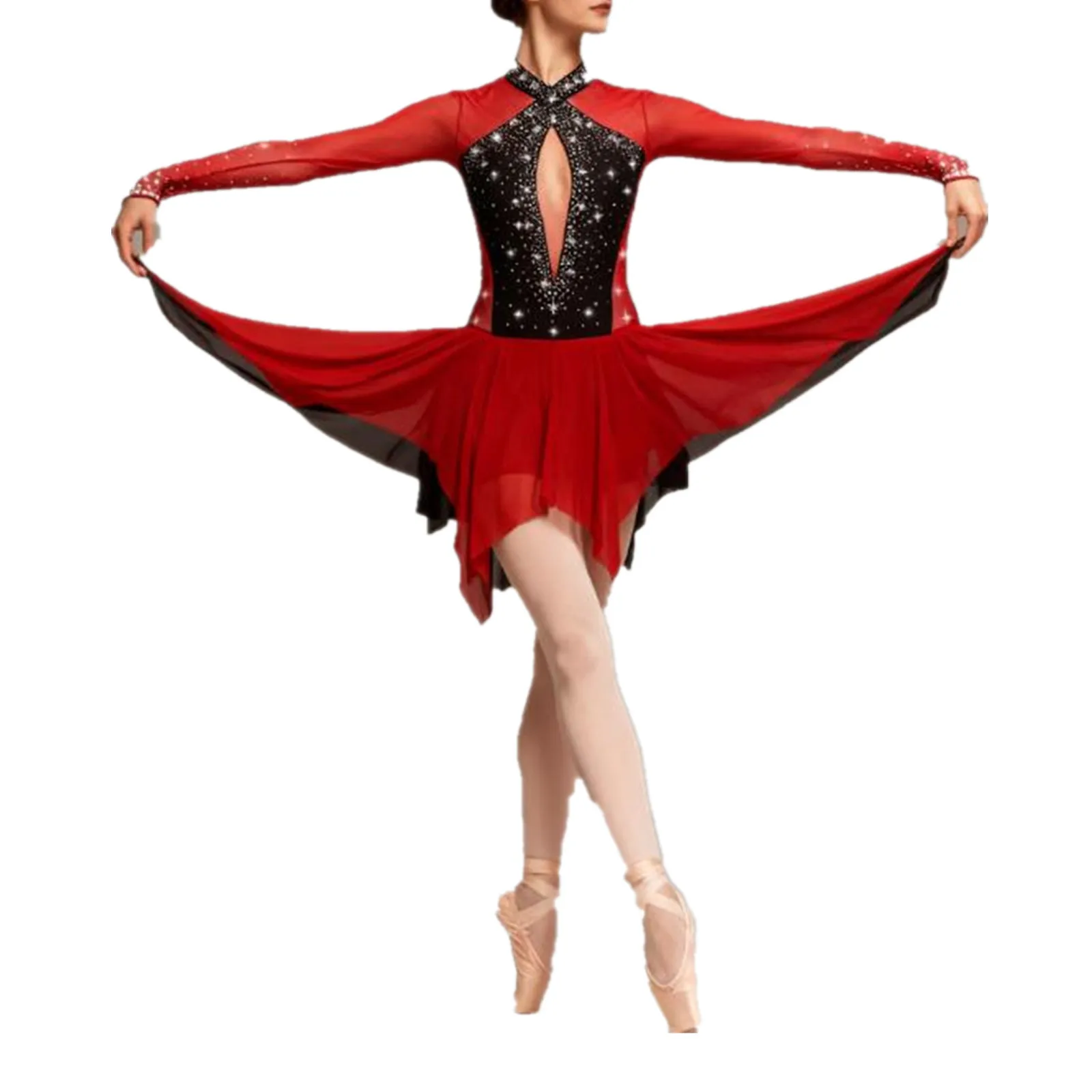 

Women's Gymnastics Leotards Ballet Lyrical Figure Skating Dance Costume Sparkling Rhinestone Irregular Hem Keyhole Back Dress