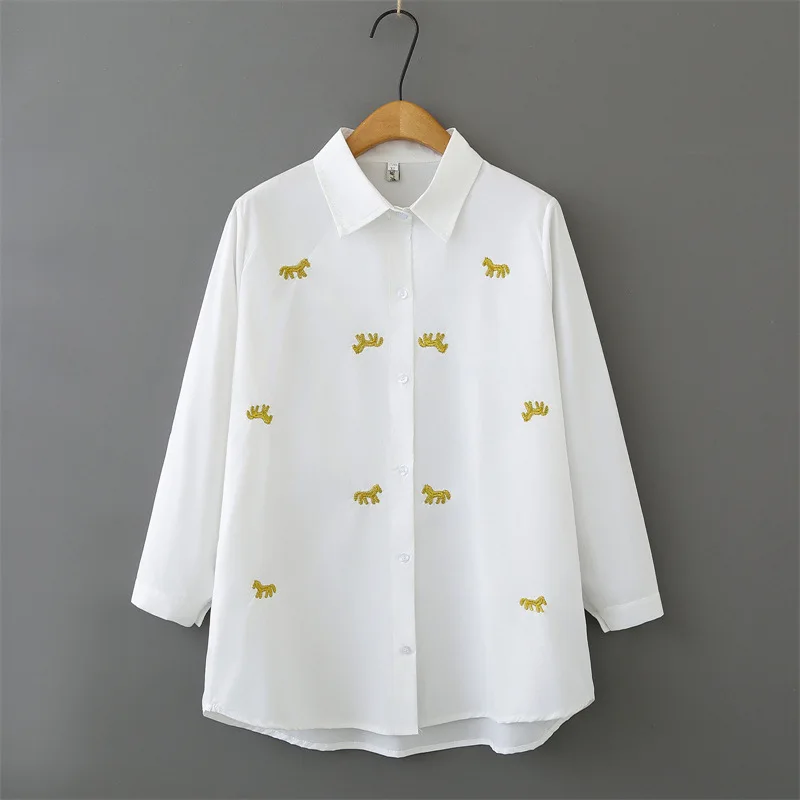 

2026 Spring Plus Size Women Shirt Long Sleeve Horse Embroidery Cardigan Cotton Mid Length Casual Blouse Tops 6607
