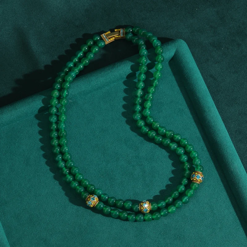 

Vintage Emerald Agate Layered Green Necklace Beaded Chain Gold Color Ball 2025 Jewelry For Woman High Quality Luxury Accessories