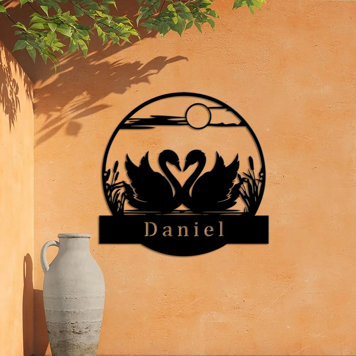 Custom Sunset Swan Personalized Name Sign Metal Bedroom Hanging Signs Door Plate Monogram,Wedding Decor,Couple Lover Gifts