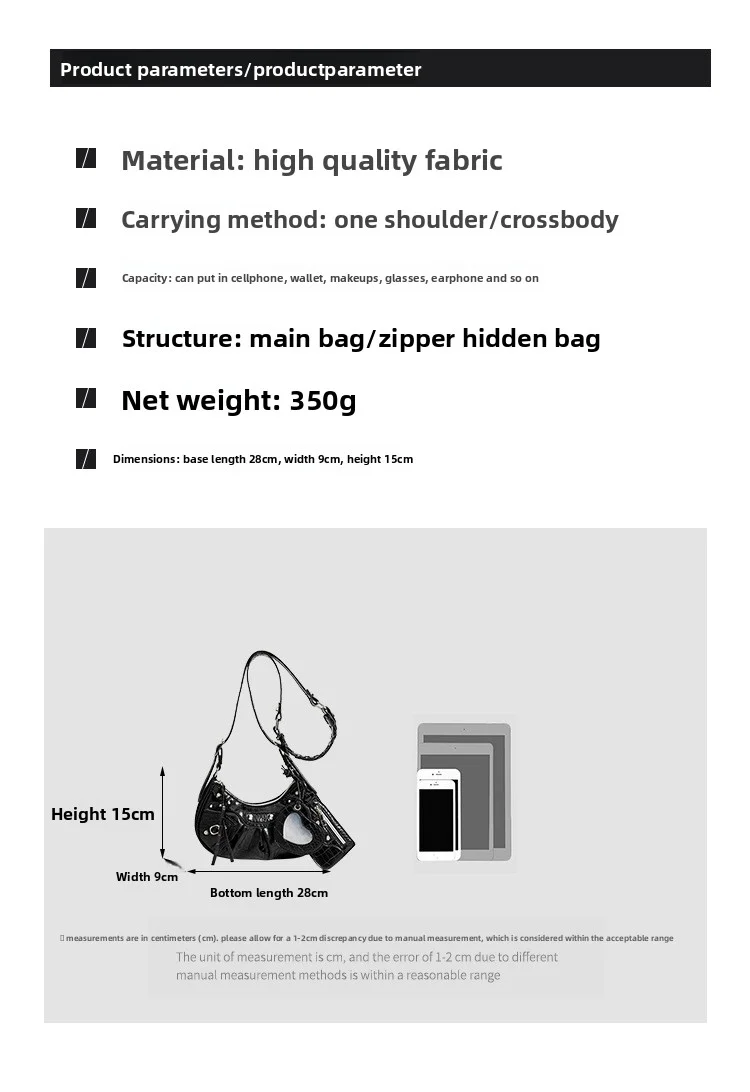 Nietenbesetzte Drei-in-Eins-Unterarmtasche, vielseitige Handtasche, Schultertasche, Umhängetasche für Damen, neuer trendiger Stil mit einem coolen und würzigen Touch. – Detail 1