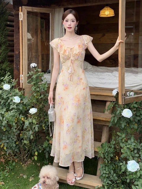 

Summer New Style Soft Wind Blouse Floral Gradient Slim Fit V-Neck City Commute A-Line Midi Dress Women's Elegant Fashion