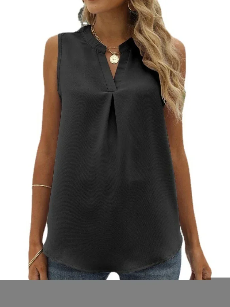 Camiseta de gasa con cuello en V liso para mujer, camisetas sin mangas, verano