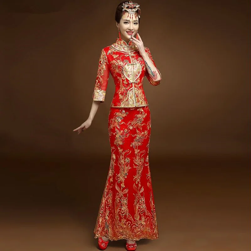 High quality Red Chinese Wedding Dress Female Cheongsam Gold Slim Traditional Women Qipao for Party