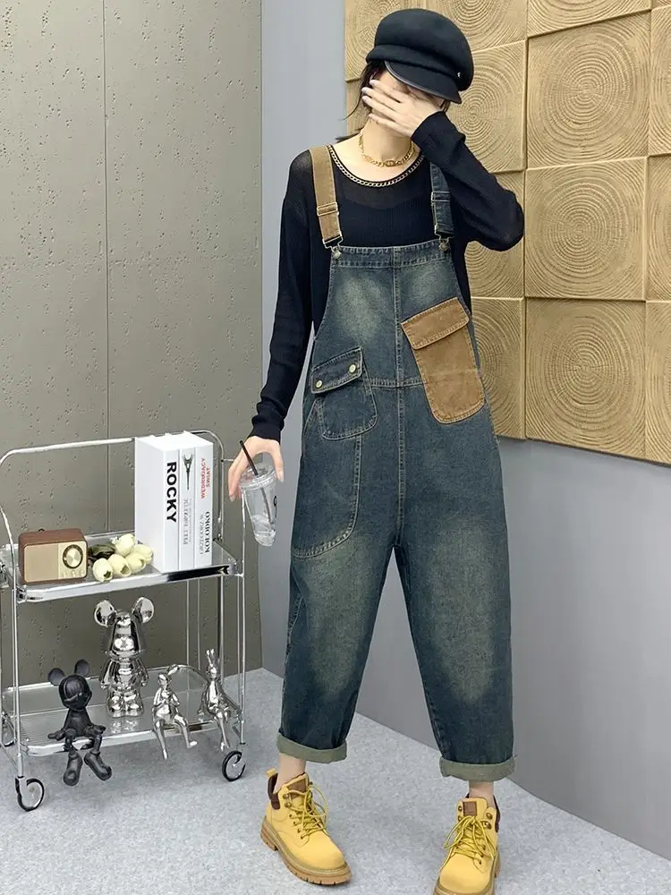 

Denim Jumpsuits for Women Patchwork Korean Style Overalls One Piece Outfit Ladies Rompers Casual Retro Playsuits Straight Pants