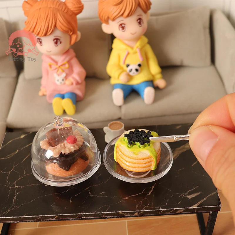 7Pcs/set Simulation Coffee Cake Dessert Set Mini Kitchen Tray Tableware 1/12 Dollhouse Accessories Dolls House Decoration