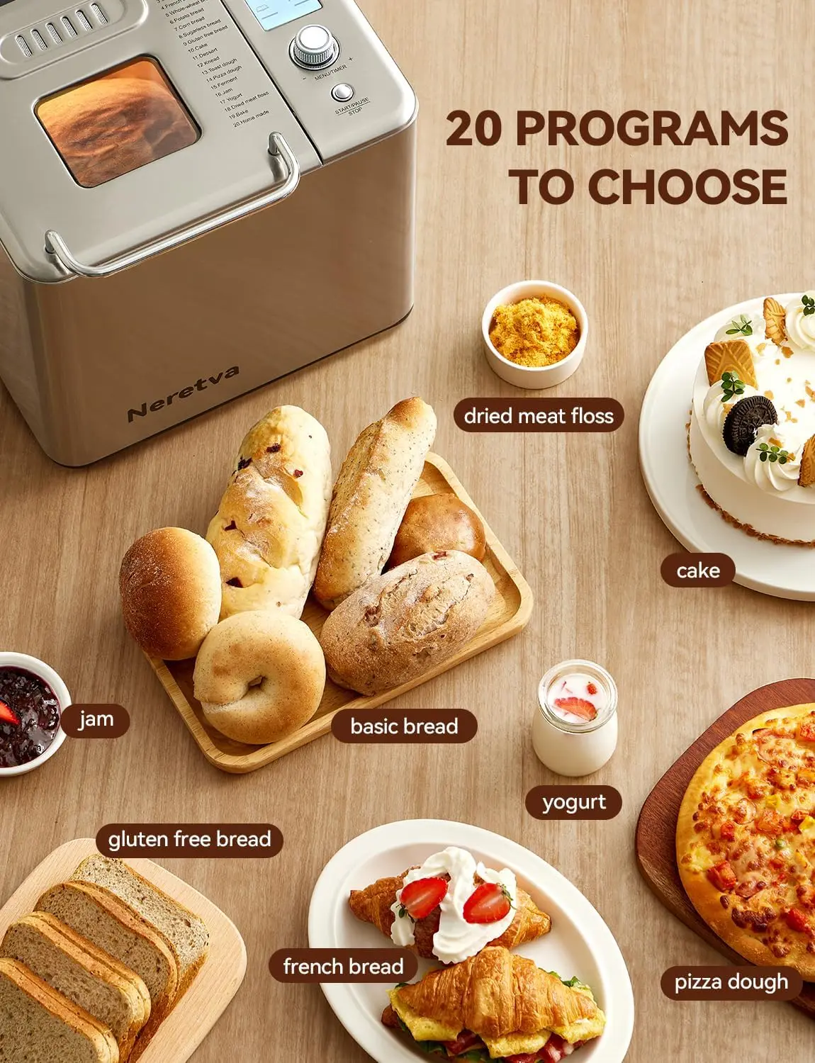 Bread Maker, [20-IN-1 & Dual Heater & 2LB]Smallest Size Bread Machine Nonstick Ceramic Pan Bread Maker Machines All Metal for Gl