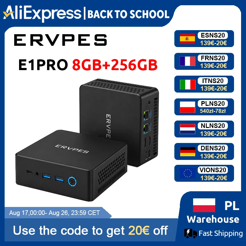 ERVPES E1PRO Mini-PC 8GB LPDDR4 256GB SSD Intel N4505 Windows 11 Pro Dual-Band WLAN BT5.0 Büro-Desktop Mini-Computer