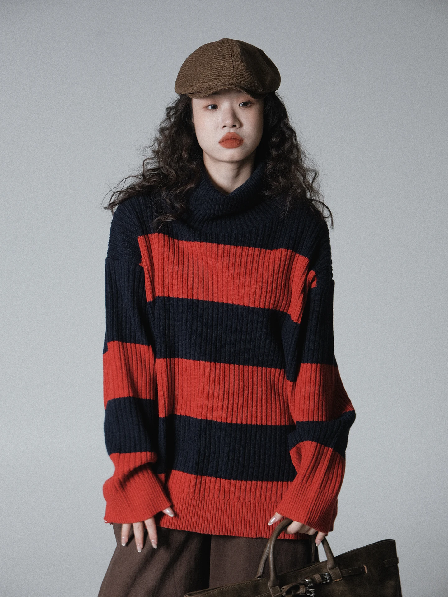 

Вязаный свитер Ivy Yang Thiened Long Sve с высоким воротником в стиле пэчворк, цветная полоска, свободный крой, средней длины, зимний теплый шерстяной свитер