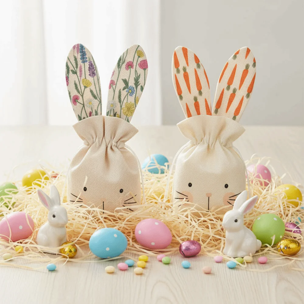 2pcs Linen Material Easter Bunny Treat Bag Rabbit Ears Design Adorable Rabbits Decor Linen Drawstring Bags Drawstring Closure