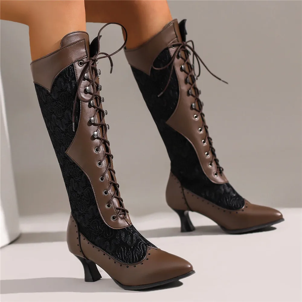 Women Pointed Toe Victorian Mid-Calf Boots Leather Lace Hollow Out Punk Lace Up Strange Steampunk High Heel Shoes Size 32-43